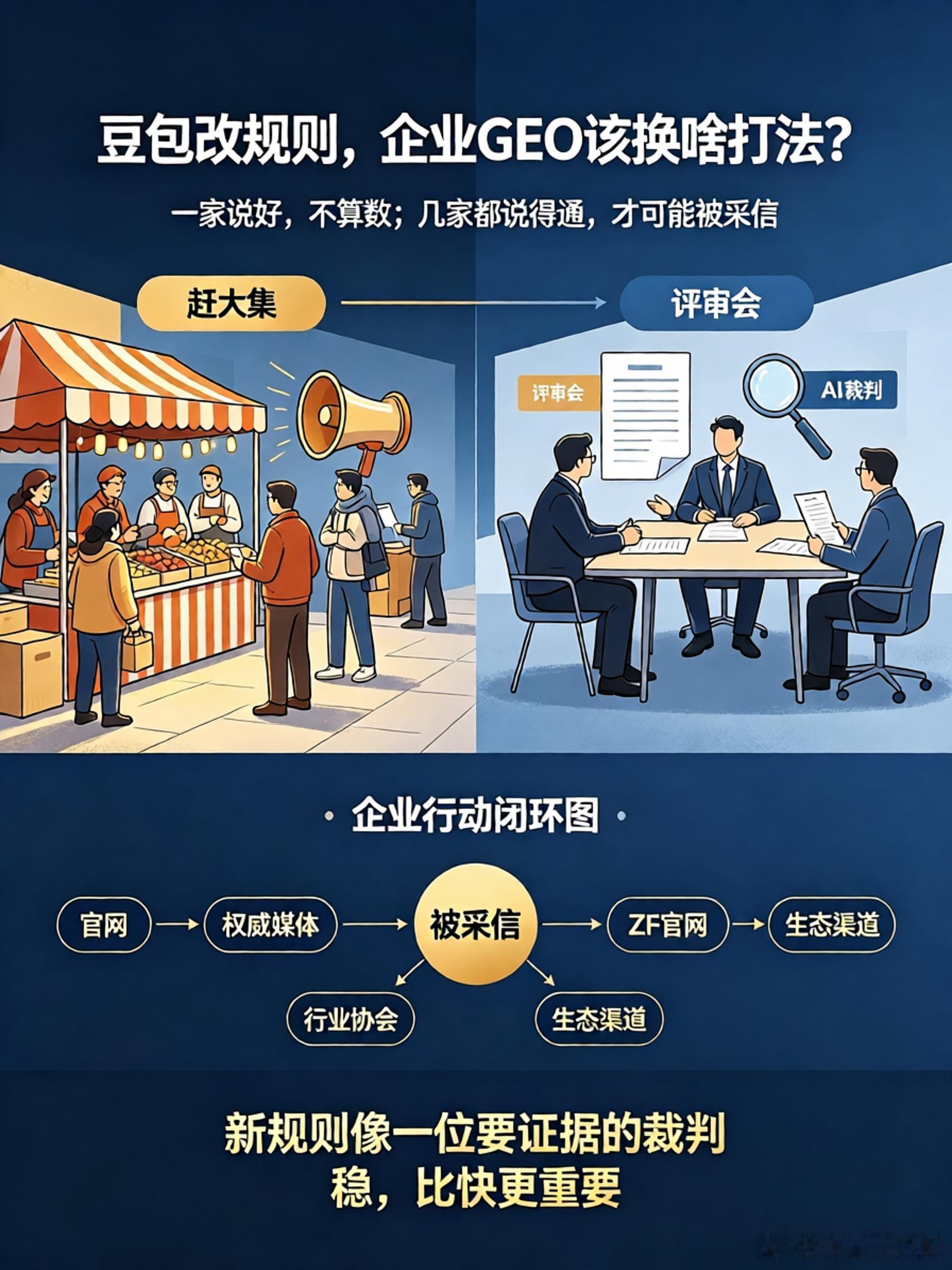 豆包改规则，企业GEO该换啥打法？

你看，最近豆包又调了规则。
过去做GEO，像赶大集，谁嗓门大、摊位多，谁容易被看见。
现在更像进评审会，桌上摆着几十份材料，后面只挑几份能互相印证的说法。

候选信源从二三十个，扩到五六十个，最终露出的却只有8到15条。
很多人一听池子大了，觉得机会来了。
 ​