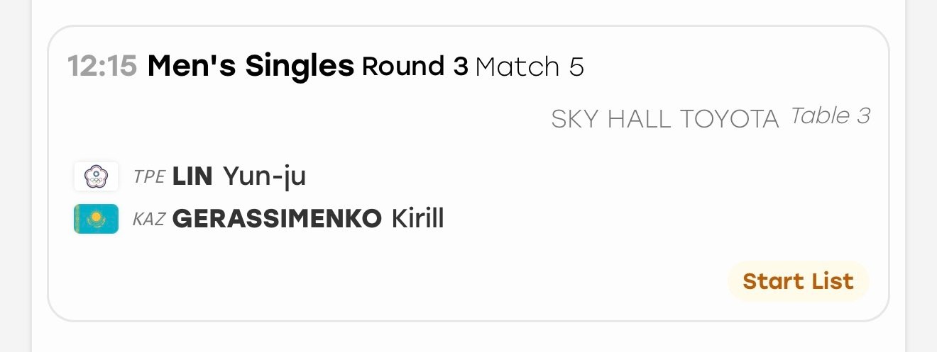 #林昀儒# ☁️#名古屋亚运会#  单打赛程
9.26 北京时间 11:15 T3 林昀儒 VS GERASSIMENKO Kirill ​