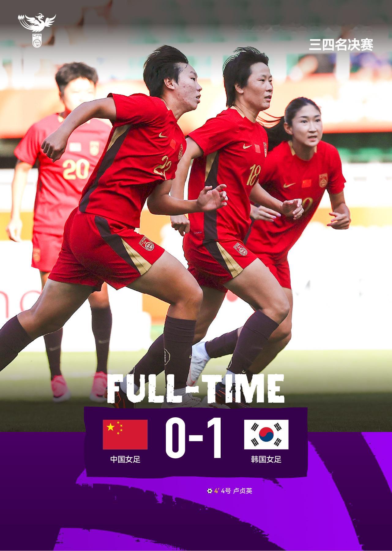#中国女足上一次赢韩国已是四年前##中国女足处在新老交替阵痛期# 
2022亚洲杯决赛，中国女足完成0‑2到3‑2的逆转击败韩国，成为经典一战。自那之后，两队多次正式交手大多战平，始终没能再拿下胜利。名古屋亚运铜牌战0‑1告负，最终拿到第四名。
球队正处在新老交替的阵痛，张琳艳遭遇重伤缺席后续赛 ​