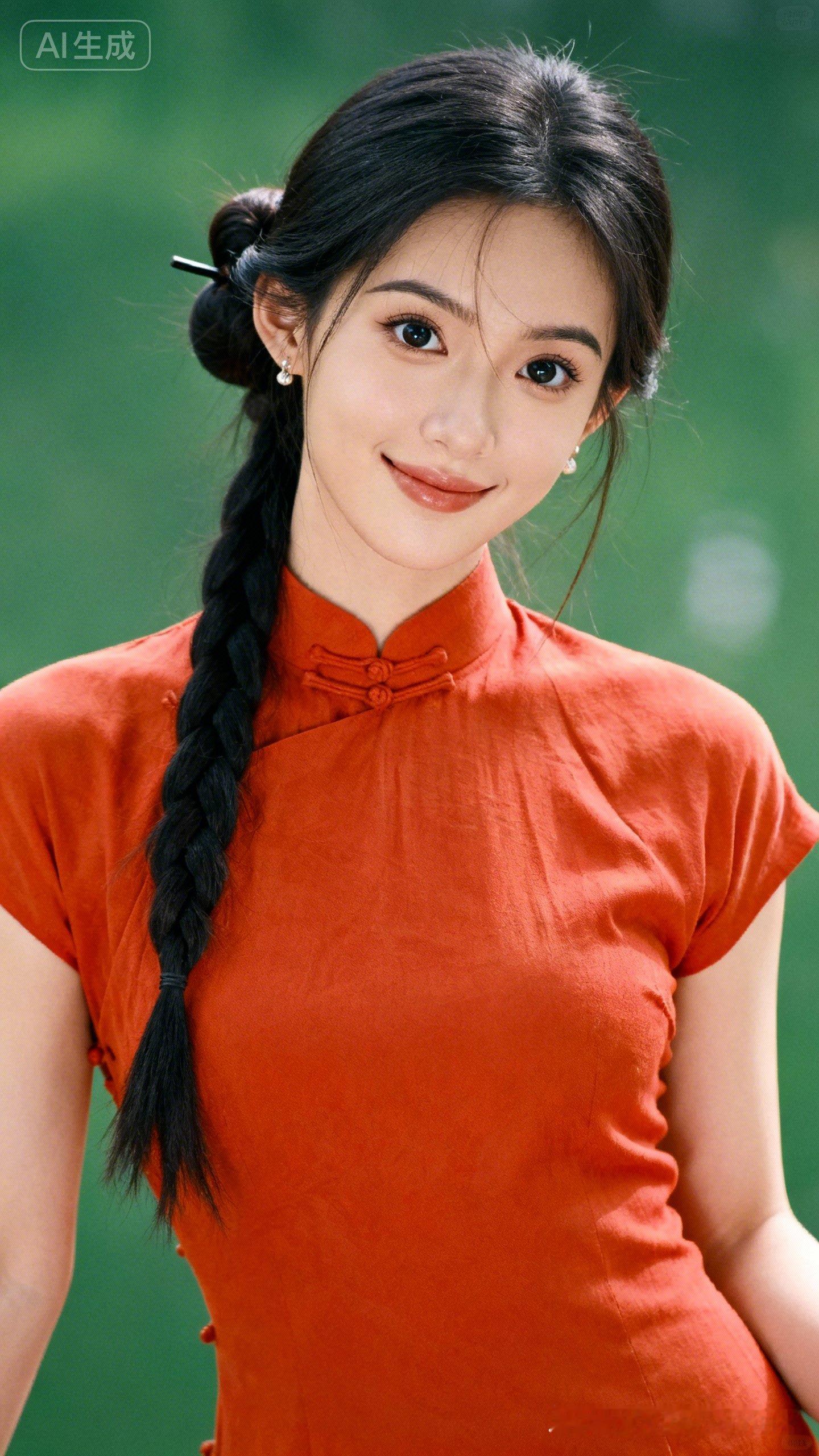 这位小姐姐穿着橙色旗袍，笑容甜美。