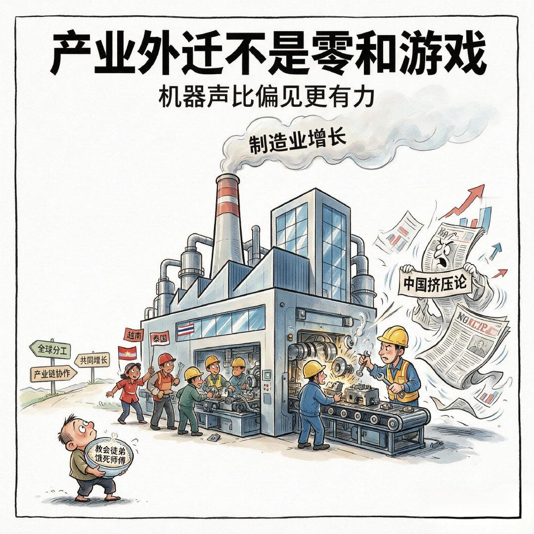 #越南工厂疯抢中国技工# 越南等东盟国家制造业快速崛起，出现高薪争抢中国技工的现象。但这并非所谓教会徒弟饿死师傅，而是全球产业链正常分工协作。“中国挤压论”本身站不住脚，各国产业错位发展，才是全球化的真实面貌。#渔人说事# ​