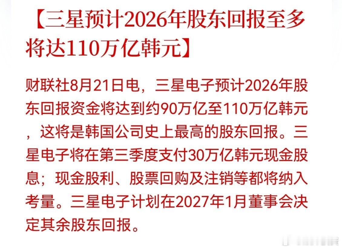 三星预计2026年股东回报至多将达110万亿韩元

丰厚的股东回报，是企业现金流实力与回馈投资者意愿的直接体现[思考][思考] ​