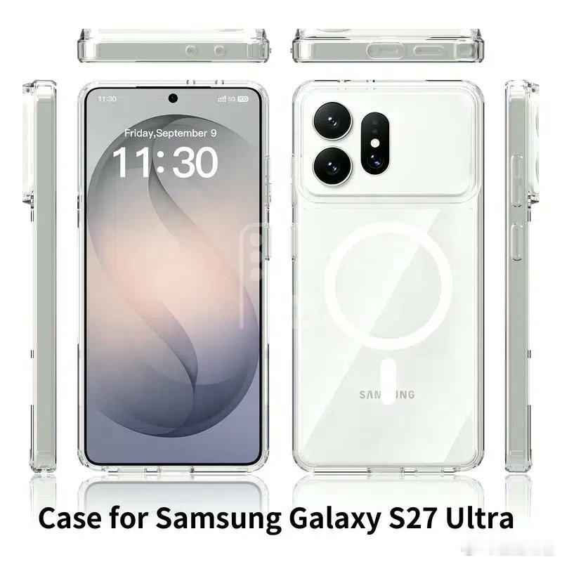 Galaxy S27 Ultra 设计曝光 看起来这个设计几乎已确认！

Galaxy S27 Ultra 确认将搭载：
• 5534mAh（额定容量），因此约 5700mAh🔋（典型容量）
• 60W 有线充电⚡

Galaxy S27 Ultra 其他预期规格：

• 6.9 英寸 2K 平面 LTPO M16 OLED，隐私显示屏，反光涂层
• Snapdragon 8 Elite Extreme Gen ​