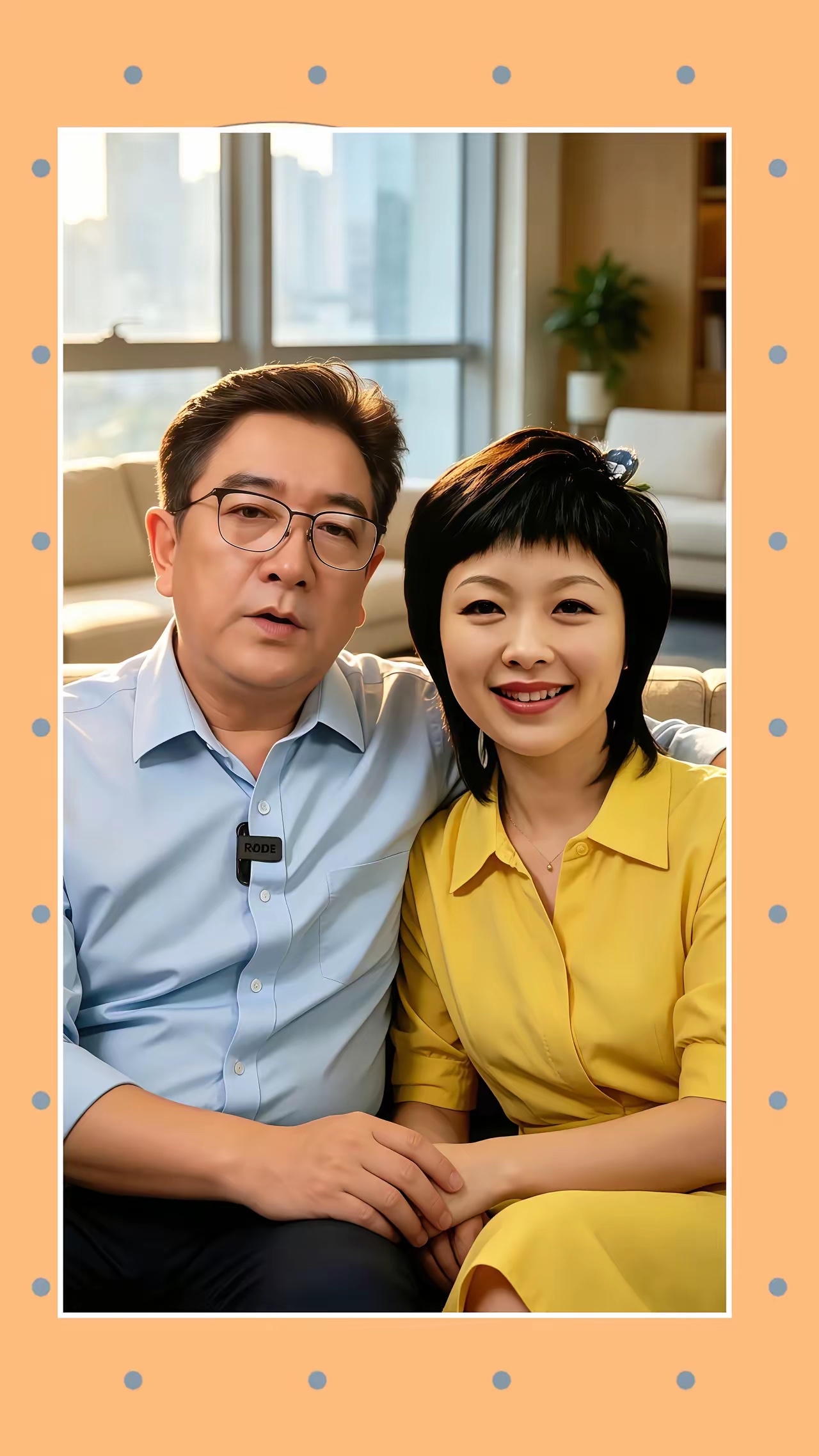 水均益和第二任妻子杨迪的一张合影。

水均益，央视老牌主持人，当年《东方时空》《高端访问》，家喻户晓，采访过全球多国元首。妻子杨迪是一名文化工作者，比水均益小13岁。

二人婚后育有一对龙凤胎，家里孩子在国外读书，家庭开销大，主要靠水均益在北京工作支撑全家。这张照片是夫妻二人居家录制短视频时的同框画