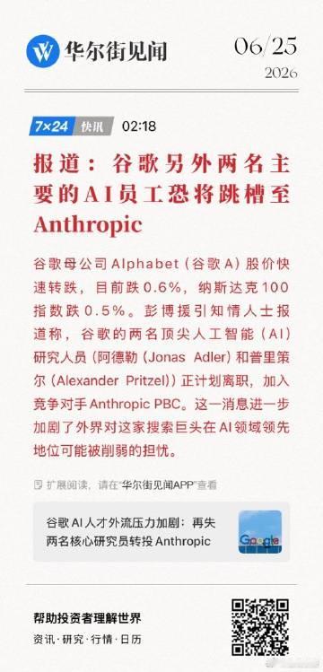【报道：谷歌另外两名主要的AI员工恐将跳槽至Anthropic】谷歌母...