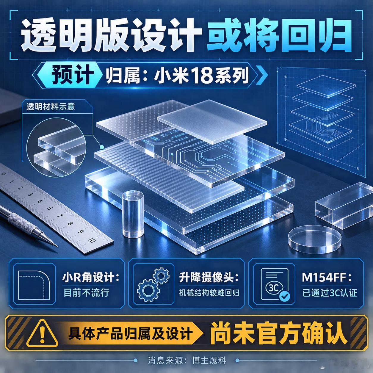 【数码快讯】消息称，某厂新机可能恢复透明版设计，根据网友讨论，相关机型预计归属小米18系列。

爆料还提到，小R角设计目前不再流行，升降摄像头因机械结构限制较难回归。型号为M154FF的小米新机已通过3C认证，支持100W充电，具体产品归属及设计尚未获得官方确认。#透明版设计##新机爆料# ​