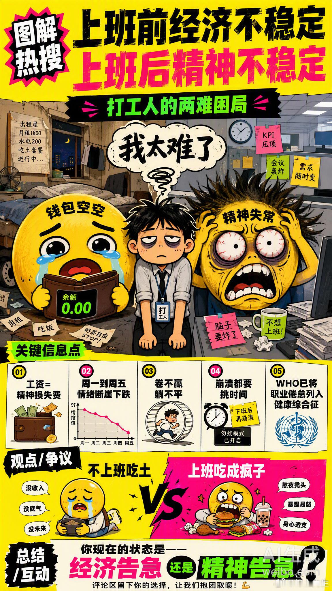 上班前经济不稳定 上班后精神不稳定上班前：担心卡里余额撑不到月底。上班后：余额没涨多少，精神先崩了。这句话精准戳中当代打工人的两难——不上班活不下去，上了班又活得不开森。每天的动力只剩两件事：下班，和辞职的念头。几个扎心真相👇· 工资像精神损失费，不是劳动报酬· 周一到周五情绪呈“断崖式下跌”· 连崩溃都要挑时间，连逃避都没底气· 卷又卷不赢，躺又躺不平世界卫生组织早就把“职业倦怠”列入健康综合征，这不是玻璃心，是实打实的身心耗竭。你现在的状态是——经济告急，还是精神告急？情感热点创作激励计划情感态度表达