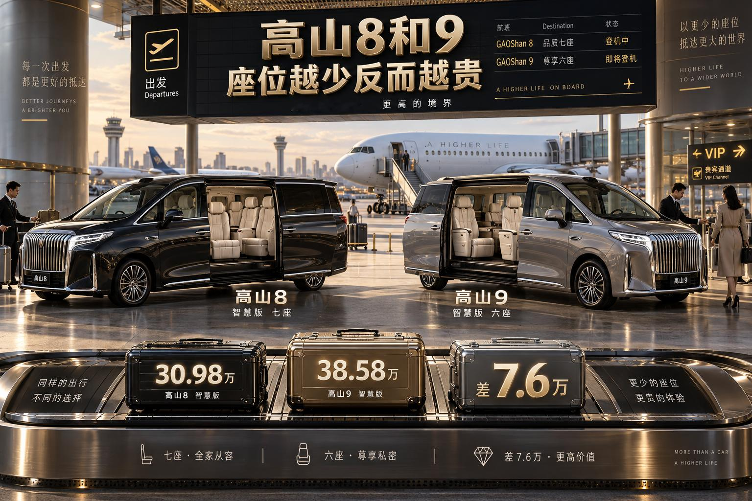 魏牌高山8和高山9智慧版差7.6万，车越大座位反而越少
高山8智慧版售价30.98万元，车长5280mm、轴距3145mm，采用七座布局；高山9智慧版售价38.58万元，车长5410mm、轴距3275mm，采用六座布局。
多出的7.6万元换来更大的车身、更强动力和更高级座舱，座位数却从七个变成六个。