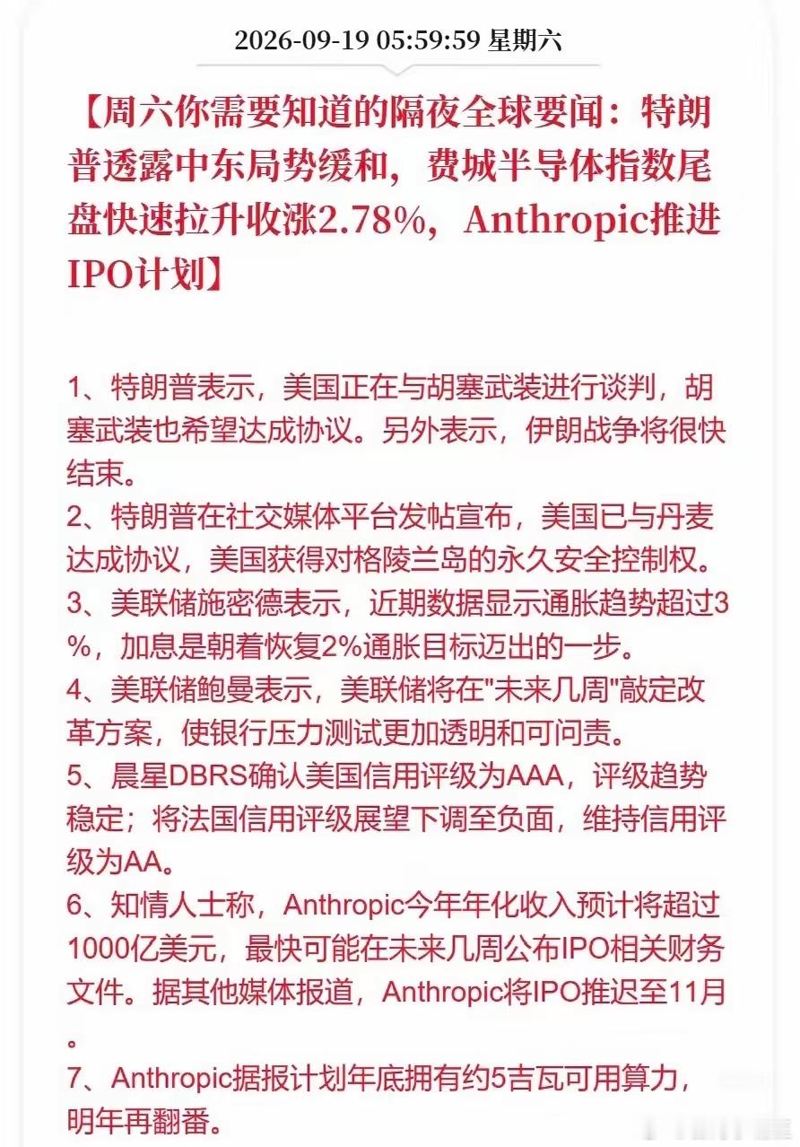周末重磅！三大利好信号浮现，下周A股“金秋行情”要来了？
​隔夜全球要闻密集释放：地缘局势缓和、费城半导体指数尾盘狂拉、AI巨头Anthropic IPO箭在弦上——三股力量交汇，下周A股或迎来关键窗口期。
​---
​📰 三条最重要的信息
​① 地缘风险降温，全球风险偏好有望回升
​特朗普最新表态：美 ​