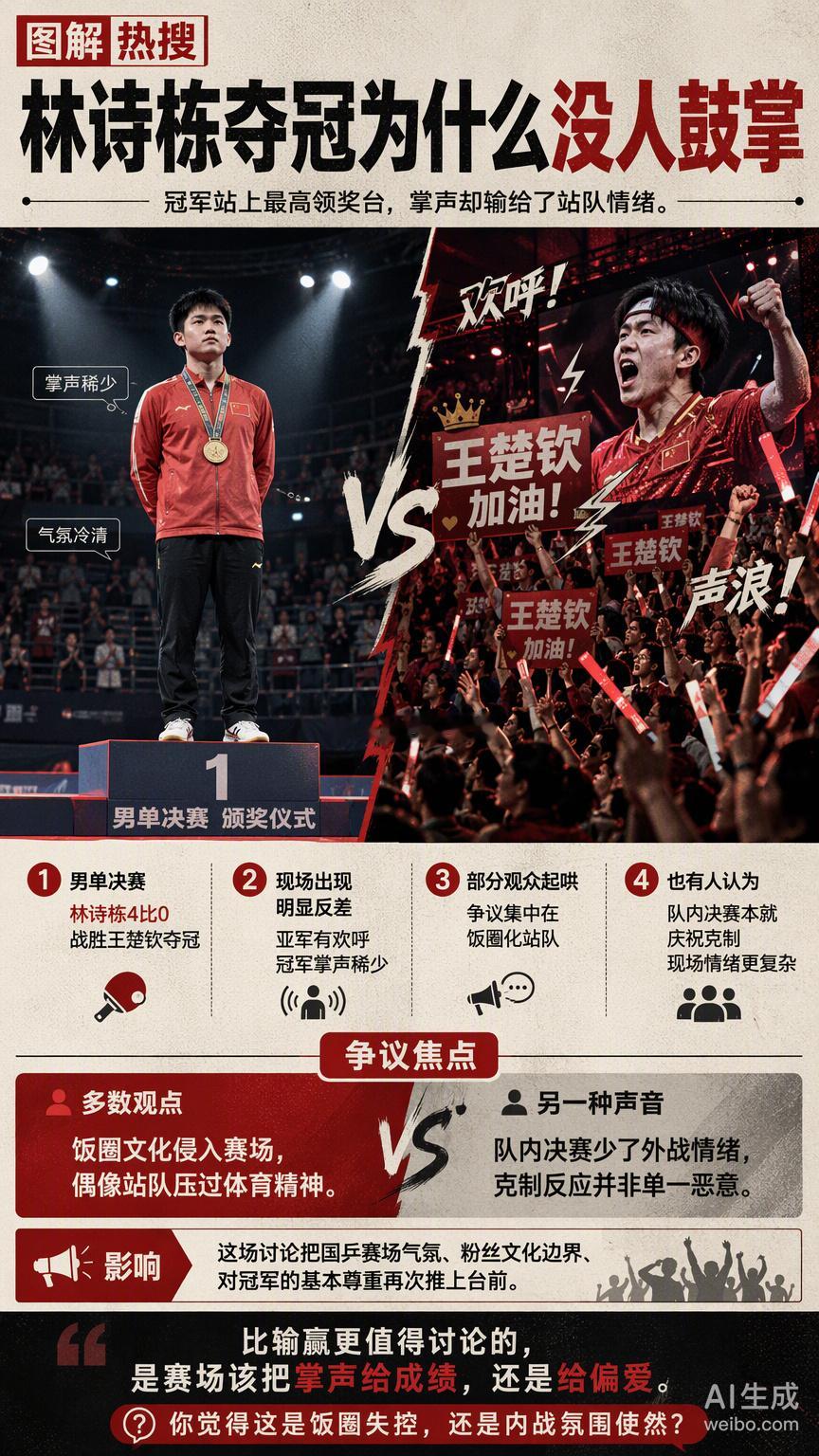 名古屋亚运会男单决赛，林诗栋4-0胜王楚钦夺冠，冠亚军都是中国队，应该有掌声，但现场没有预想中的欢呼，只有稀落的掌声。#林诗栋夺冠为什么没人鼓掌#

我们常以为冠军时刻伴随着鲜花与掌声，其实它有时也伴随着巨大的沉默，竞技体育是纯粹的，输赢也是残酷的，对金牌获得者应该有掌声，同样银牌也有 ​