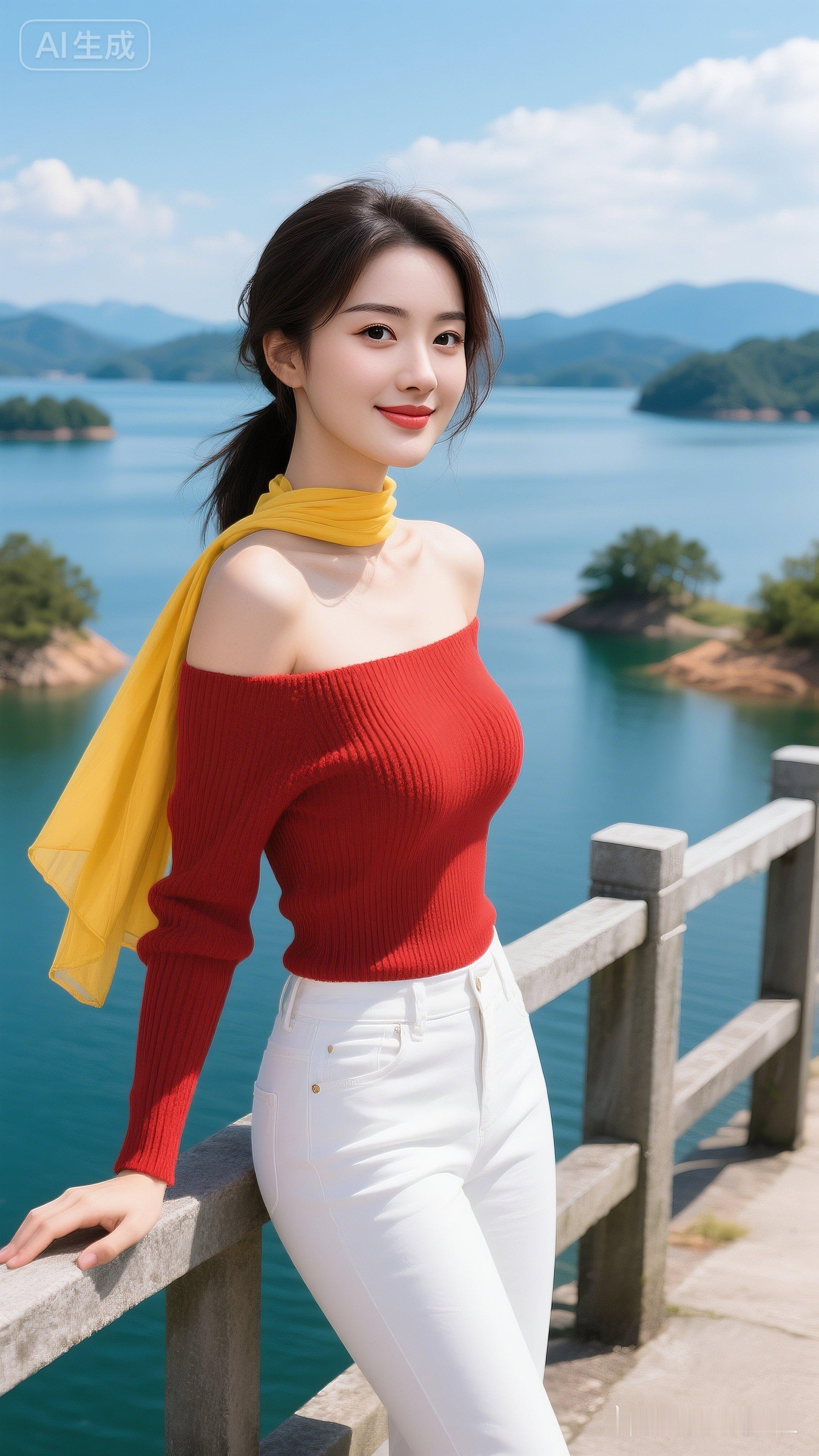 年轻美女皮肤白皙通透带微反光，前发微乱、后扎低马尾，绝美眼眸浅笑。红色...