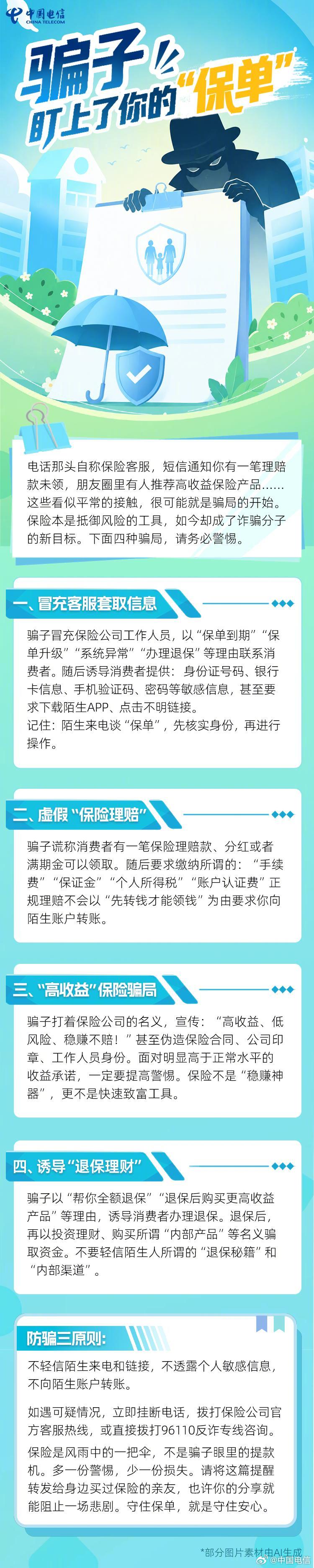 #天翼微百科# 骗子盯上了你的“保单”！下面四种骗局，请务必小心！#防范通讯信息诈骗# #天翼AI# ​