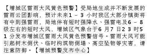 【增城区雷雨大风黄色预警】受局地生成并不断发展的雷雨云团影响，预计未来...