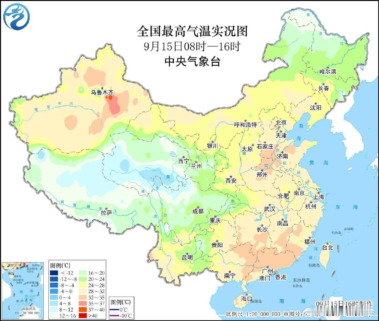 今天不少地方最高气温还有30℃+，高温主要出现在新疆吐鲁番。 ​