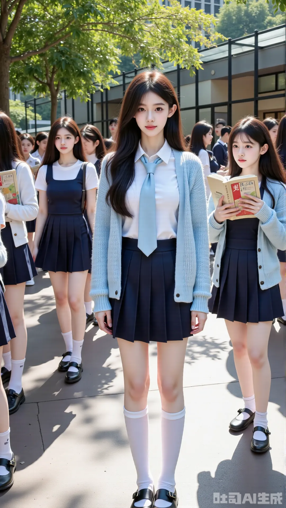 青春校园风，少女们手捧书本，漫步在阳光下的校园。