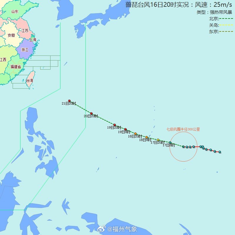 【台风位置】蔷琵（强热带风暴）：2026年10月16日20时，距离福州3745公里，气压：985百帕，近中心最大风力：10级，移速：24km/h。 ​