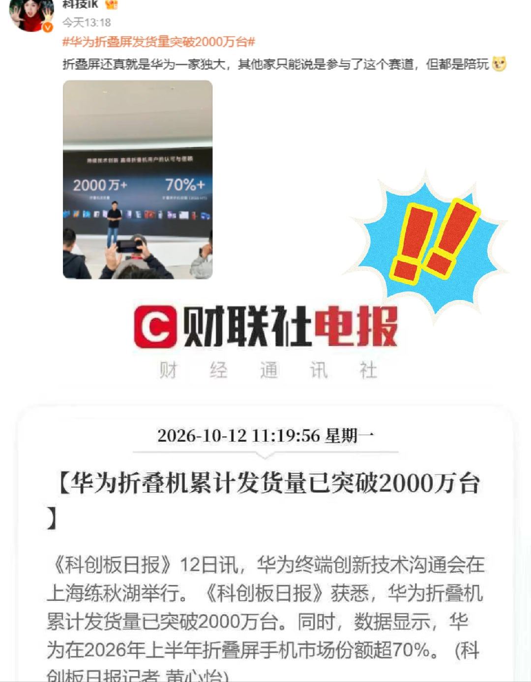#头部厂商折叠机份额超七成#惊了！！每10个折叠机用户，7个都选华为
卖出2000万台，占据市场份额70%
这断层式的用户选择，甩友商N+1条街了 ​