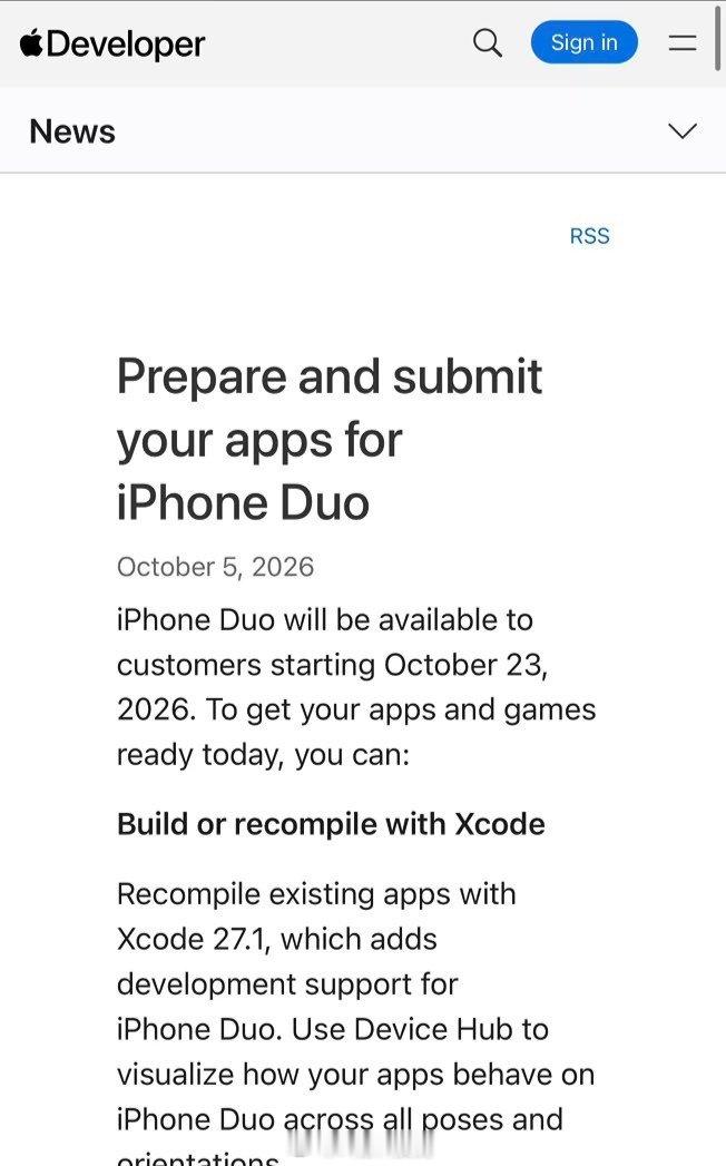 苹果这生态控制力有点可怕，2027年4月起，所有上架App Store的App必须适配iPhone Duo，不然不允许发布。目前除了苹果，没有一家手机品牌敢这么硬气吧。 ​