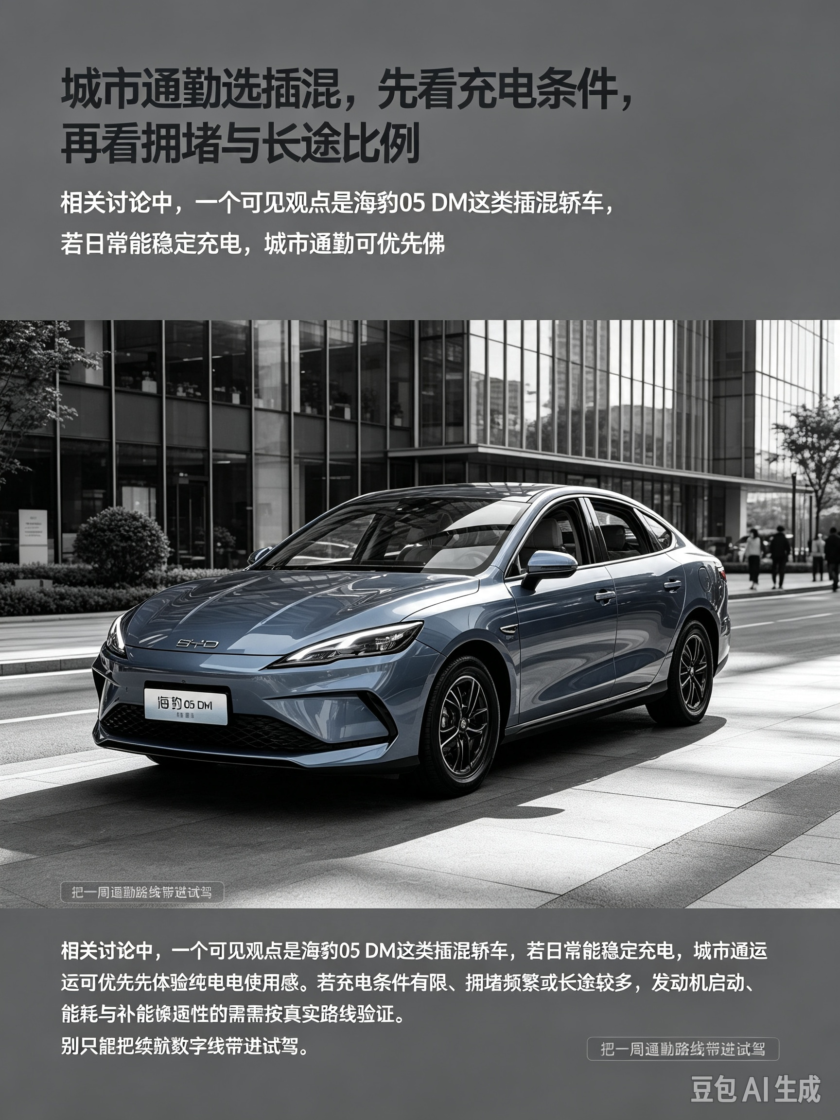 比亚迪海豹05 DM-i是一款紧凑型插混家轿，采用海洋美学设计，线条流畅灵动。搭载1.5L插混专用发动机与E-CVT变速箱，支持纯电出行，适配城市通勤。轴距宽裕，车内空间实用，配备磷酸铁锂刀片电池，支持快充，兼顾日常代步与长途出行，省心好开。【来自懂车帝车友圈】