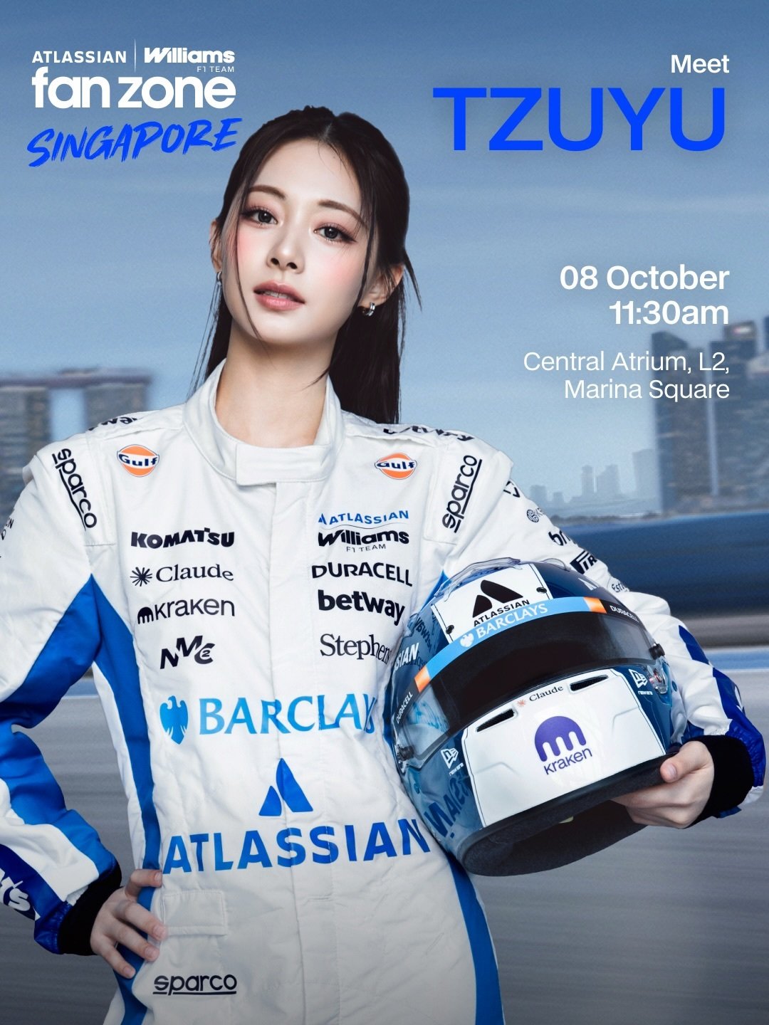 #周子瑜[超话]# TZUYU 将于10月8日在新加坡的Atlassian Williams F1 Team Fan Zone现身！

“聆听K-Pop巨星TZUYU的声音，她为即将推出的Williams x DAN DA DAN主题曲献唱” ​