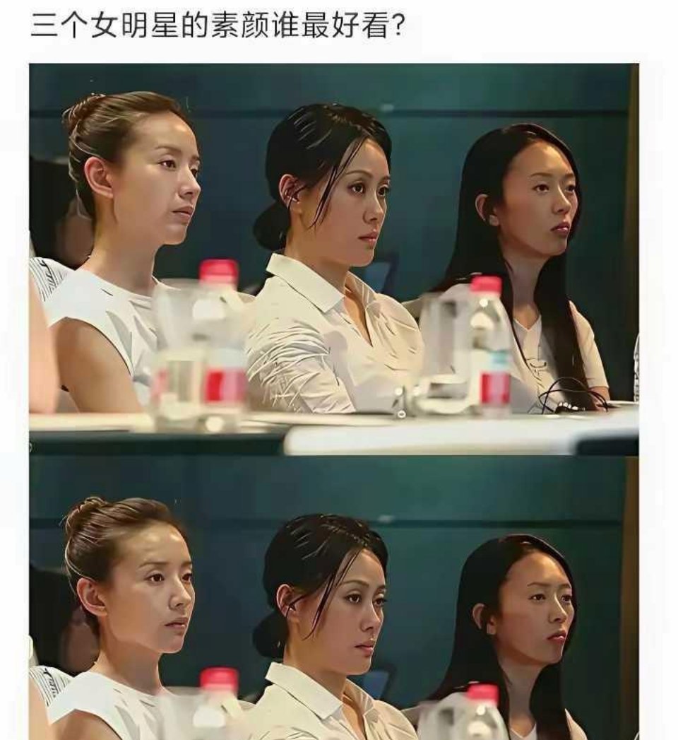 无滤镜原相机同框，三位女星素颜差距一眼看得见
我偶然刷到这张老照片，没有美颜没有妆造，纯素颜同坐一排，对比真的特别直观。
左边是董洁，头发盘得干干净净，皮肤白皙细腻，骨相很清秀，眉眼自带淡淡的清冷感。就算不化妆，整张脸轮廓舒展，看着温婉舒服。
中间是那英，她的五官轮廓偏大，不化妆少 ​