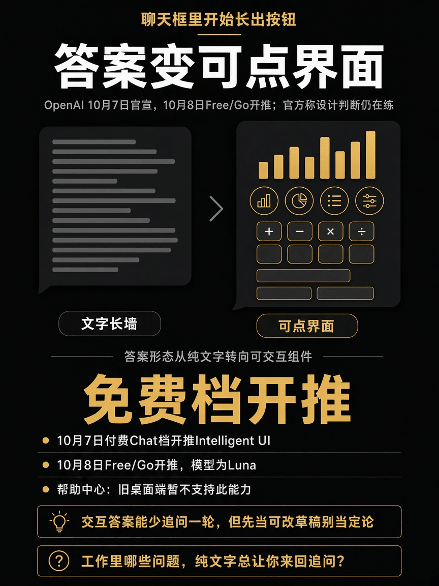 结论：ChatGPT聊天答案可变交互界面。OpenAI 10月7日官宣Intelligent UI，10月8日起Free/Go开推；付费档Sol、免费档Luna，旧桌面端暂不支持。官方自承设计判断仍在改进，关键数字别盲信。
