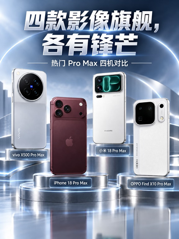 四款影像旗舰，各有锋芒，但真要当主力机还得看综合体验
现在旗舰手机影像已经卷到很夸张了，iPhone 18 Pro Max、小米18 Pro Max、OPPO Find X10 Pro Max、vivo X500 Pro Max，单看参数都很能打。
但真放到一起比，会发现四台走的路线完全不一样。
vivo X500 Pro Max像一台“全能主力机”。50MP主摄搭配蓝图光御900、索尼定制和17EV超高动态范围，逆光、夜景等复杂光线更稳。蔡司2亿APO长焦兼顾人像、远景、演唱会和街头细节，裁切空间也更充足。视频支持4K 120fps、10bit Log、4K 240fps慢动作和8K Live，日常记录到Vlog都能覆盖。
iPhone 18 Pro Max 还是比较稳的类型。48MP主摄、48MP长焦、48MP超广角，视频支持4K 120fps杜比视界。它的优势不是参数有多炸裂，而是拍视频稳定、生态顺手。尤其本身就用苹果全家桶的人，拍完素材直接传电脑、平板继续剪，流程很舒服。
...