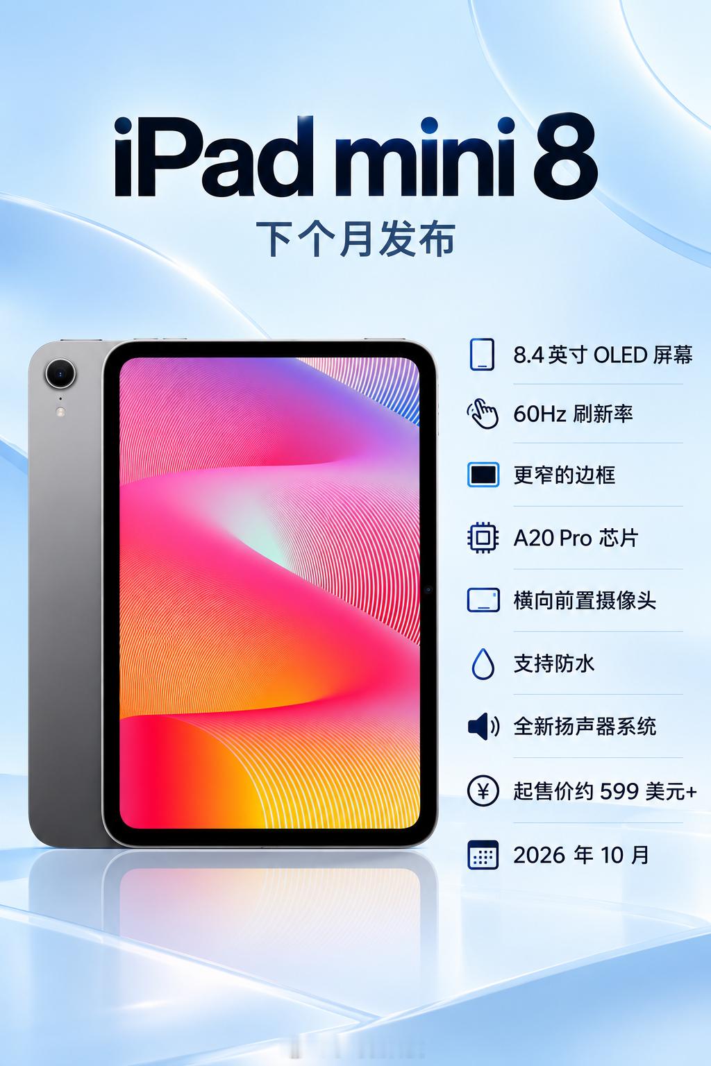 期待iPad mini8的朋友们大概率要等到10月才能见分晓了📱

算算时间，mini系列也有挺久没大更新。这次网传算是mini史上幅度最大的升级。

LCD换成OLED屏幕，芯片给到A20 Pro，内存拉到12GB，还补上IP防水，前置摄像头改成横置。

小尺寸平板迎来这么大改动，对于喜欢随身揣mini的人来说，真的很让人期 ​