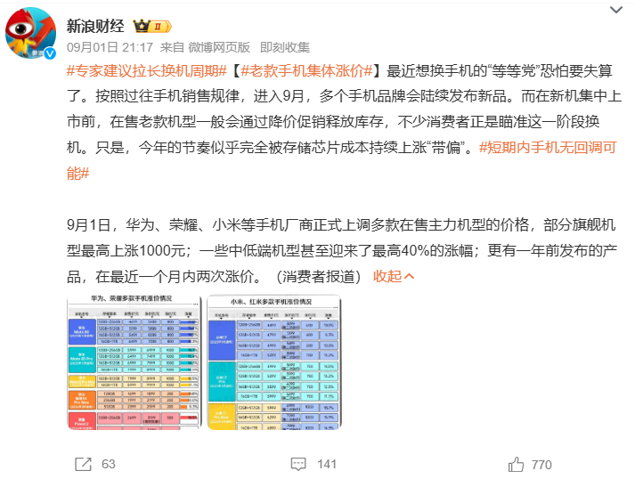 #专家建议拉长换机周期##老款手机集体涨价# 想等新机降价再换手机的"等等党"这次恐怕要失算：按往年规律，9月新机上市前老款会降价清库存，但今年节奏被存储芯片成本持续上涨"带偏"。9月1日，华为、荣耀、小米等厂商正式上调多款在售主力机型价格，部分旗舰最高涨1000元，一些中低端机型涨幅甚至达40% ​