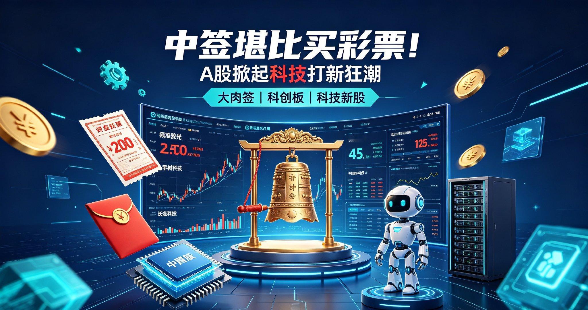 中签堪比买彩票！A股掀起科技打新狂潮

今年科技行情大火，也把A股打新热度推到顶峰，频准激光、宇树科技、长鑫科技接连诞生超级大肉签，中签动辄几十万浮盈，中签如同抽中彩票一般。

频准激光上市首日暴涨516%，中500股最高浮盈接近55万；人形机器人龙头宇树科技开盘大涨629%，一签账面收益接近48万 ​