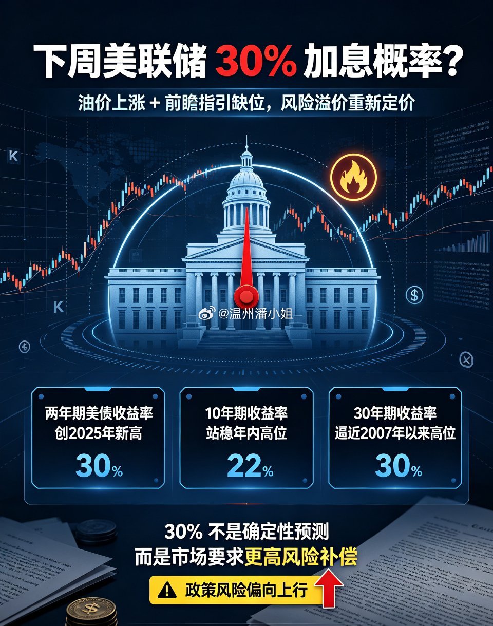 加息概率！下周美联储加息概率飙升至30%，美债利率全线逼近历史高位在...