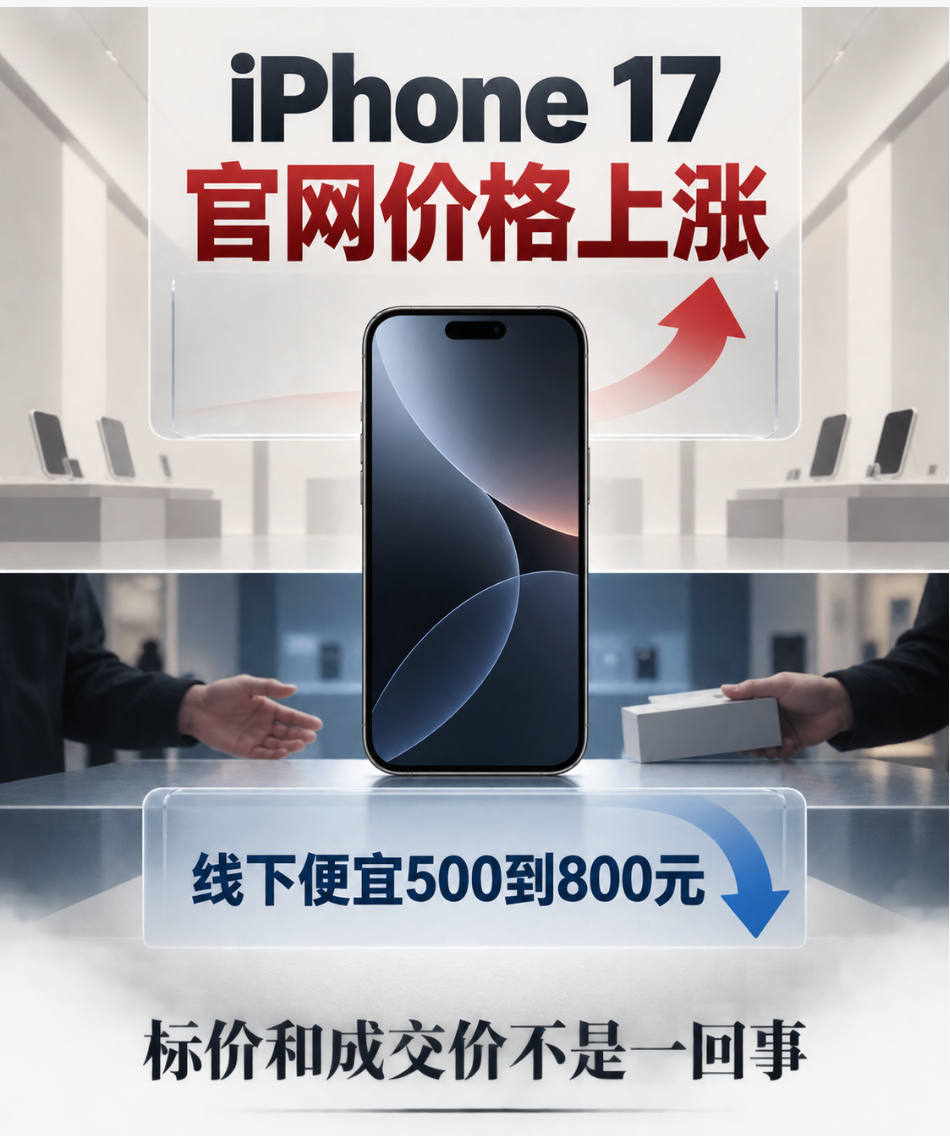 iPhone 17“降价”是今天最大的笑话：有人冲进官网，发现部分机型价格反而涨了；有人走进线下店，同样一部手机，直接便宜800块。

截至9月11日去核实，事情更拧巴了：部分机型的官网价格，不是降了，是往上走的。可同一天，线下的实际优惠还挂在500到800元这个区间里，算下来，真正掏出去的钱，比官