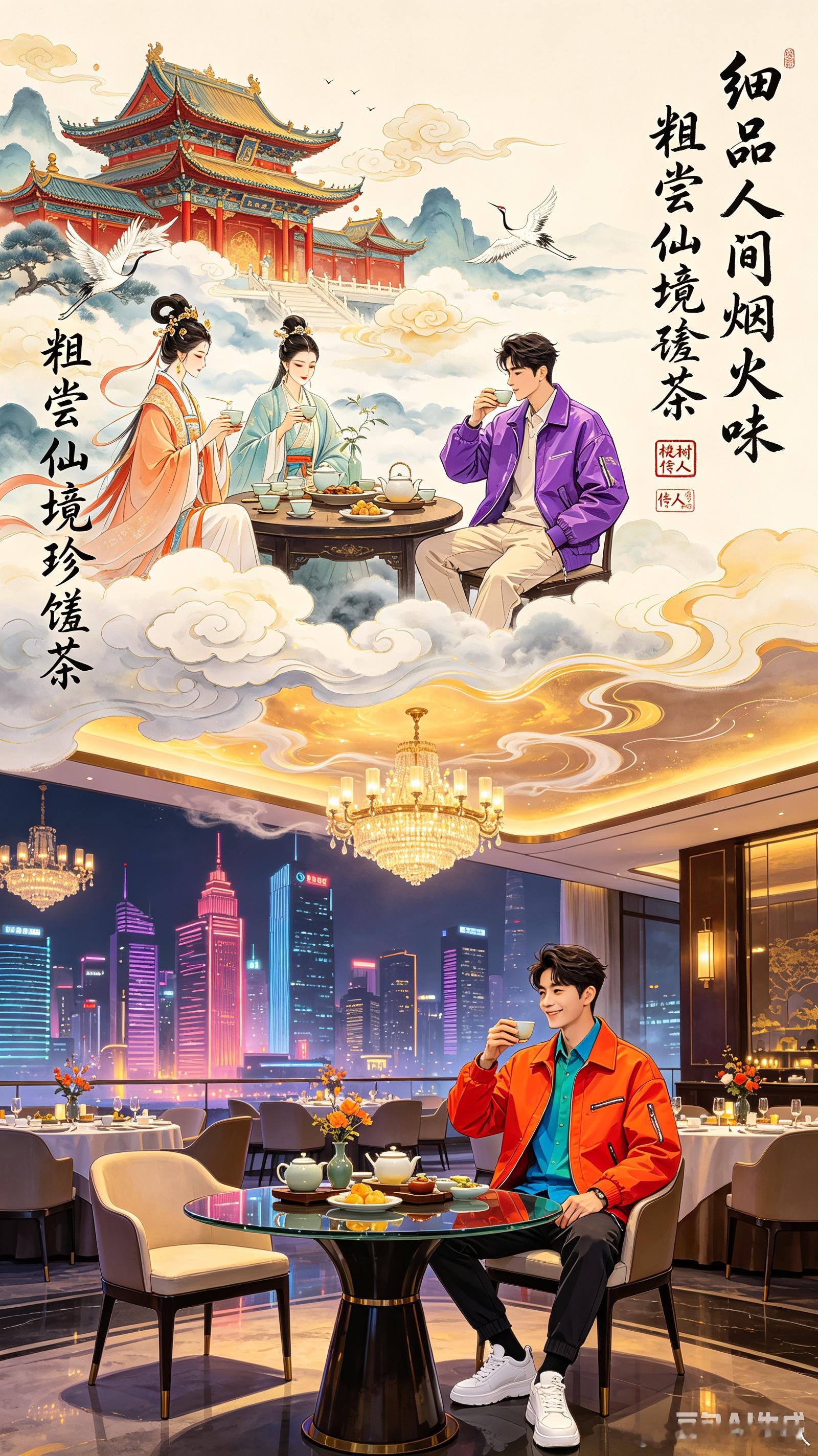 #随手拍##AI头条# 槐树传人指令豆包：绘制出竖版图片表现如下对联所描写的内容以及场景，并在图上写出对联的文字和落款方形印章內写槐树传人4个字#新乡头条##传统文化##岁月如歌##人工智能[超话]#

上联：细品人间烟火味
下联：粗尝仙境珍馐茶

注意我的要求：1：图片场景人间要在仙境的下方。

2：人 ​