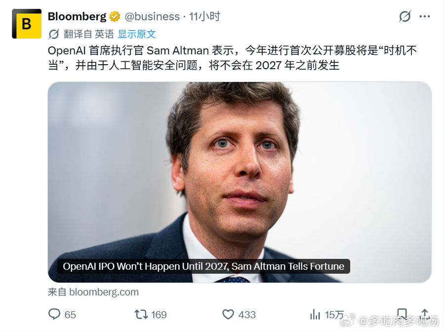 Bloomberg报道OpenAI CEO Sam Altman表示，由于人工智能安全担忧，2026年IPO时机不合适，将推迟至2027年。
Altman强调公司当前需优先处理AI技术风险，而非急于上市，这一表态反映出OpenAI在快速发展中的审慎策略。
该消息可能影响市场对OpenAI估值和融资节奏的预期，凸显AI行业在商业化进程中面临的伦 ​