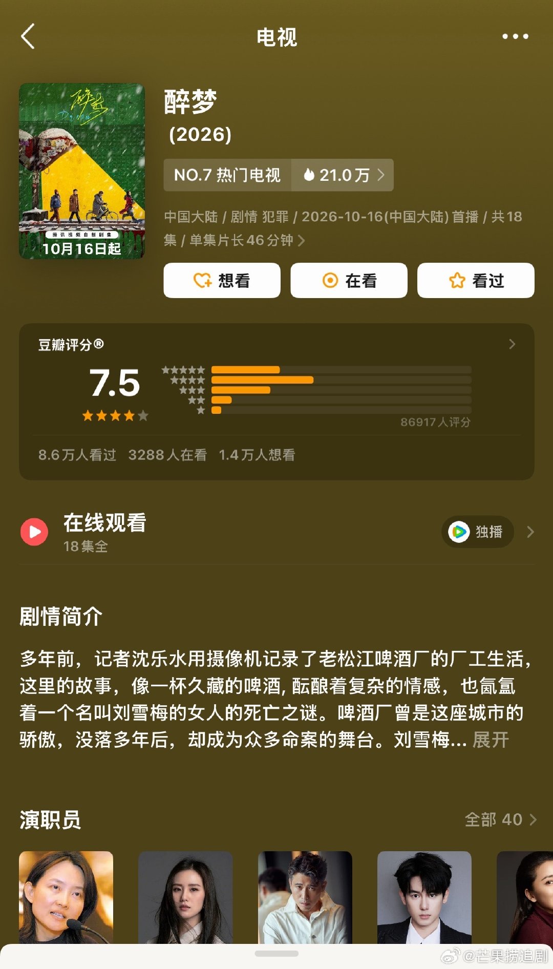 刘诗诗《醉梦》开分7.5！一部悬疑剧才播不到两周时间，就有超86000人评分 ​