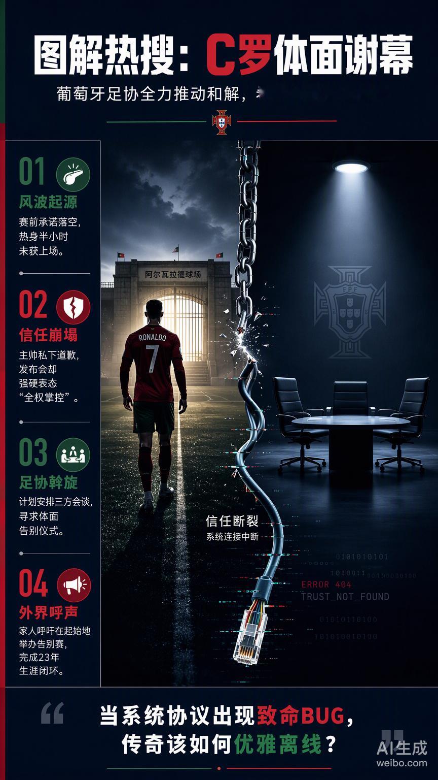 #葡足协主席希望C罗能体面谢幕#C罗这次离队，本质上是葡萄牙国家队这套“管理协议”里出现了一个致命的信用危机。

赛前约定好的轮换登场，C罗热身半小时却最终被雪藏，这已经是系统层面的异常；而更致命的，是主帅热苏斯在闭门会议中承诺的公开道歉，却在新闻发布会上变成了强硬的“全权掌控”。

在 ​