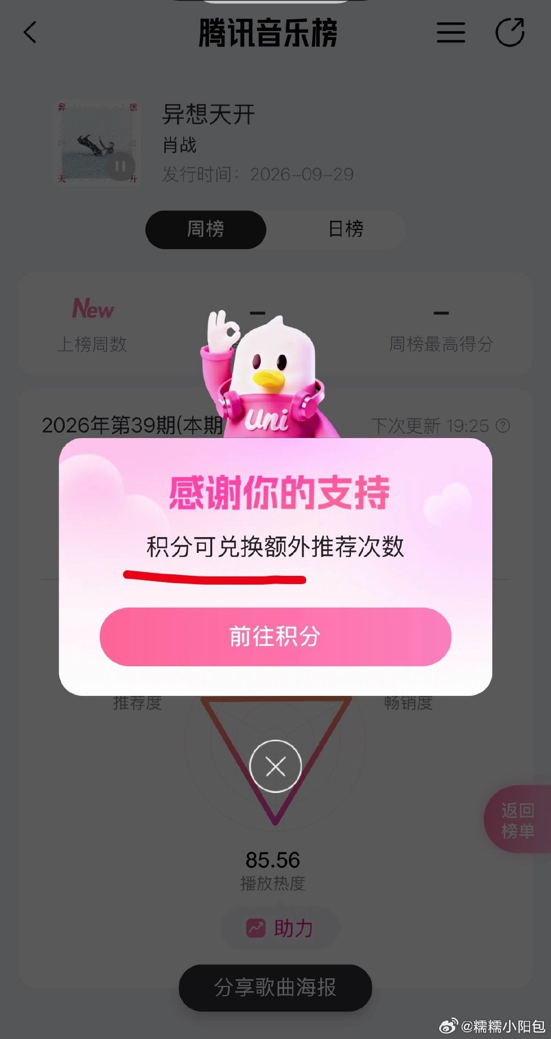 异想天开由你榜

量力而行，一首歌两块，每天买点把日榜先保持住咯 ​