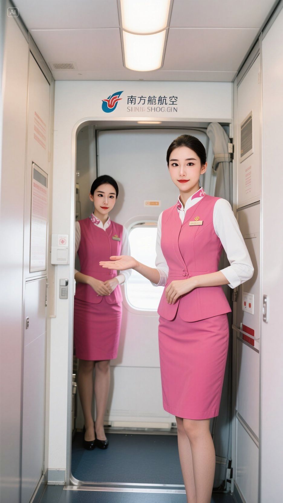 高颜值的美女空姐，独自站在登机门口正面迎接，笑容甜美，迎接登机客人