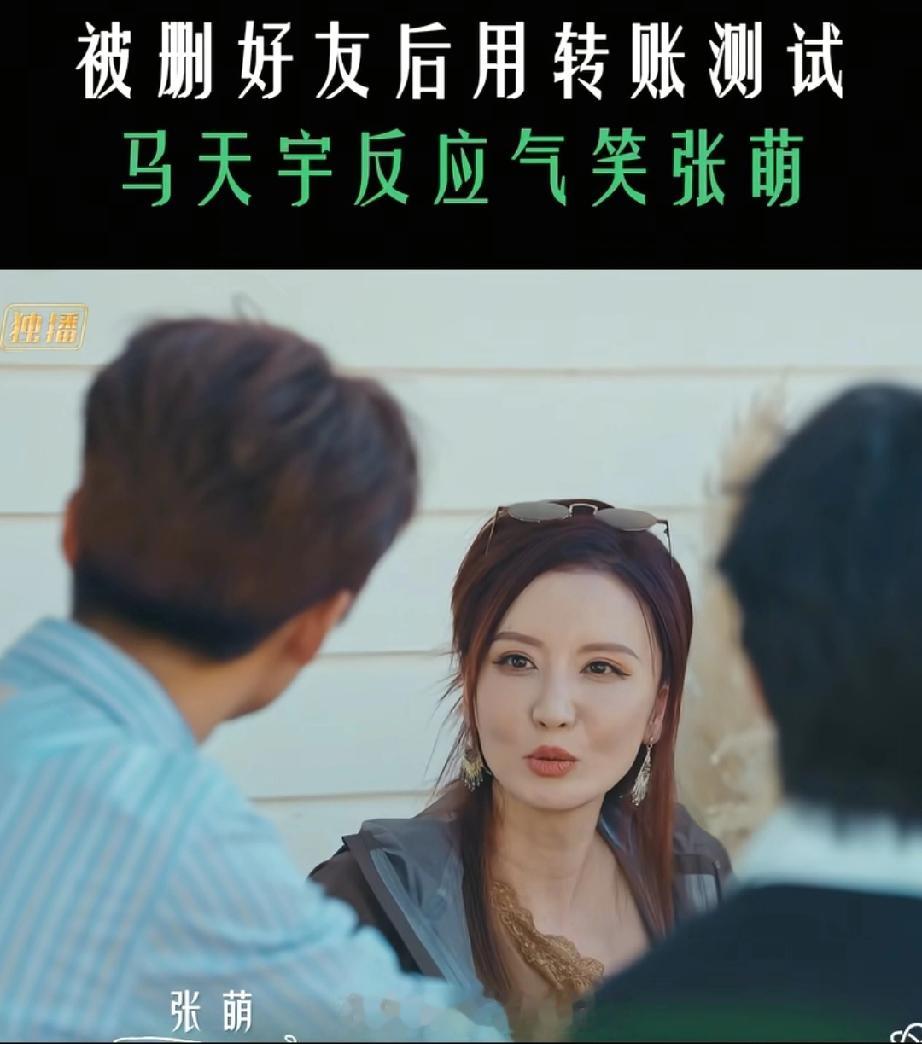 马天宇，太有意思了
如何发现微信被马天删了？张萌说：“因为我不看不到你（马天宇）朋友圈了，我就试图转账给你，然后发现我转不过去。”

俩人之前是好朋友，但因为有一次张萌叫马天宇去拍她的戏，马天宇拒绝了，因此断交了几年。

听到张萌试图转账他，马天宇问张萌，给他转了多少钱？

马天宇太有意思了，他说话
