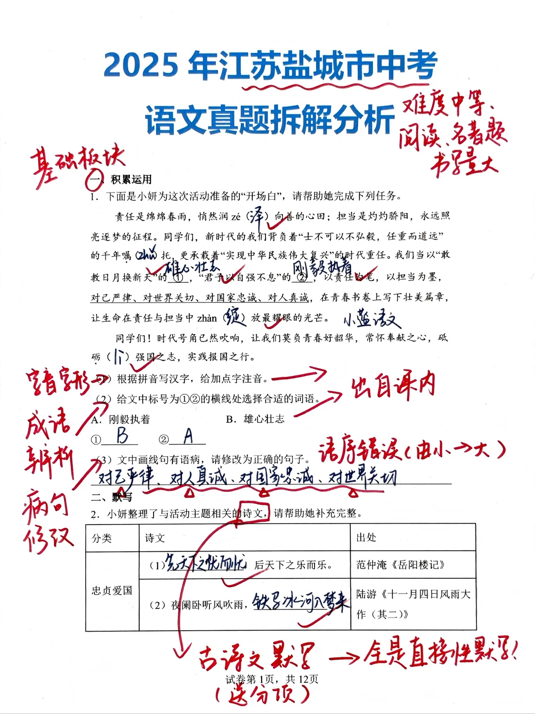 每周拆解1套中考语文真题，第53套-江苏盐城