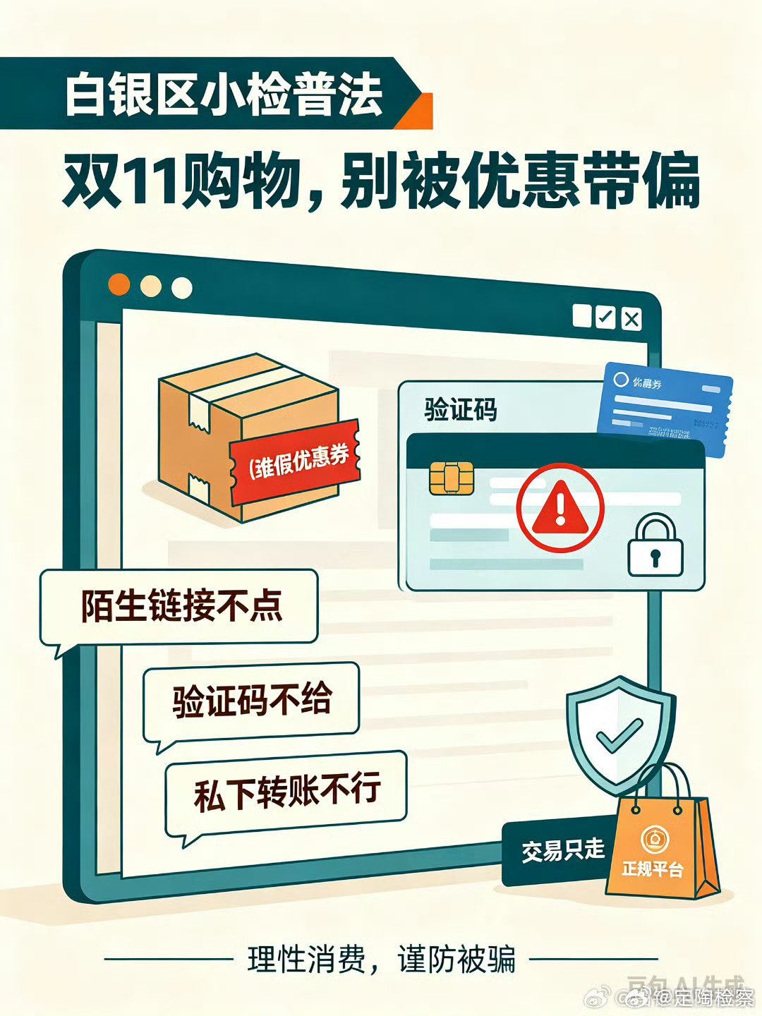 #定检提醒# ：#天猫双11百大爆款清单发布# 双11爆款清单琳琅满目，购物一定要守住底线！不点陌生优惠链接，不相信客服主动退款理赔，绝不私下转账、不参与刷单返利。所有交易只走平台官方渠道，保护好验证码与银行卡信息，理性消费，谨防被骗#白银区小检# ​​​