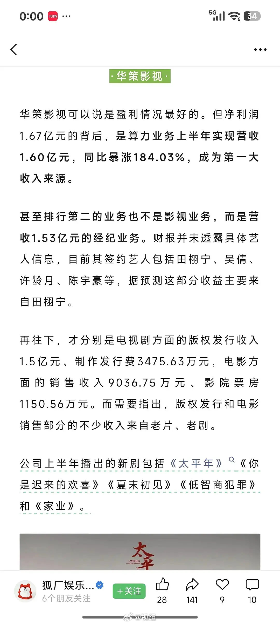 华策上半年影视方面其实是亏的？ ​