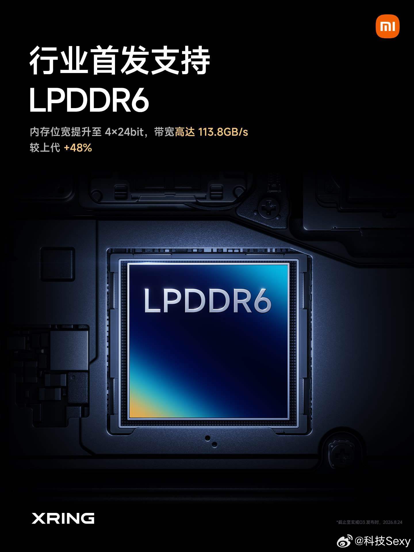 直接上重点！玄戒O3，小米 AI 旗舰 SoC，安兔兔跑分 561 万
CPU 采用 10 核全大核设计，性能更强，功耗更低
GPU 首发 16 核 G2-Ultra NX，性能能效跨代升级
行业首发支持 LPDDR6，带宽高达 113.8GB/s
NPU架构为大语言模型深度优化，全模块All in AI

玄戒O100，1.22TB/s 高带宽 AI 加速芯片
全球首款 6 ​