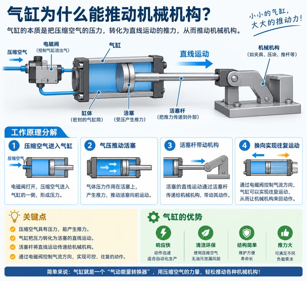 气缸为什么能推动机械机构？一张图看懂！