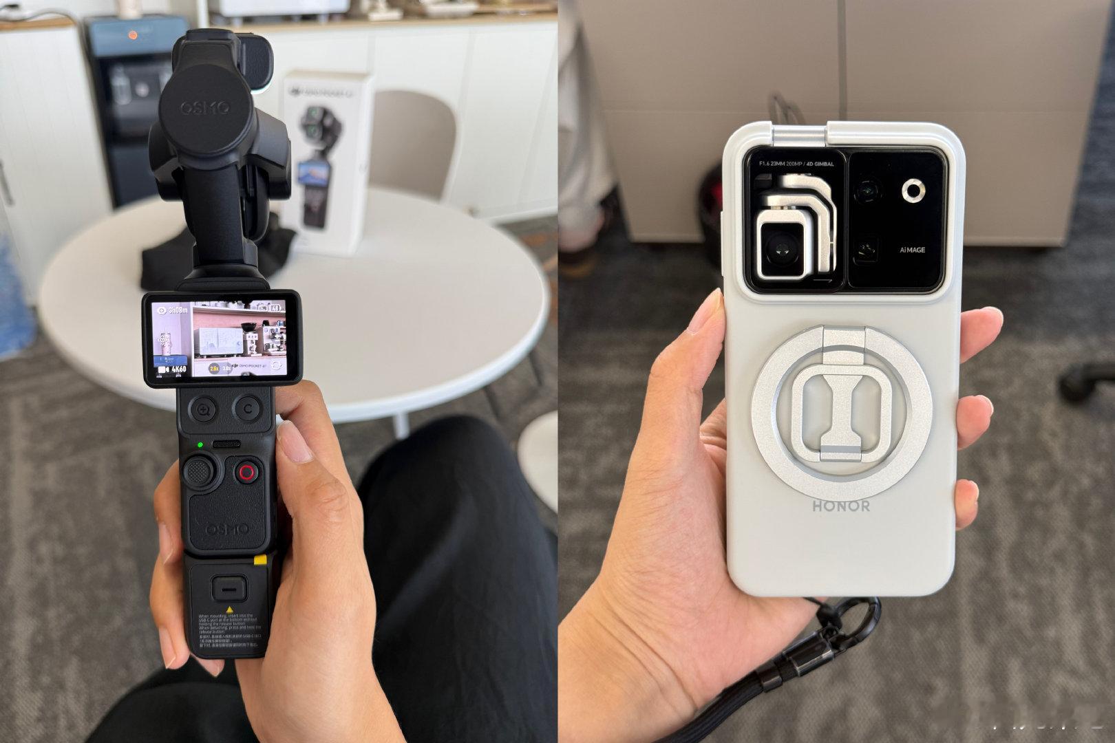 只能说专业的东西还是得专业人来做。

公司新到的大疆Pocket 4P实况拍照，对比起最近风很大的荣耀 Robot Phone拍照来说自然舒服很多，手机影像算法还是有点过于锐化了。 ​