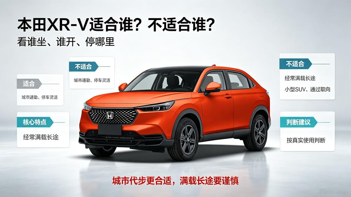 本田 XR-V 适合想要一台小型 SUV 通勤、城市代步的人。
它车身紧凑，停车相对灵活，适合看重通过性和空间利用率的人。但如果经常满载长途，后排和装载压力会比较大。
买车先看谁坐、谁开、停哪里，别只看外观。【来自懂车帝车友圈】
