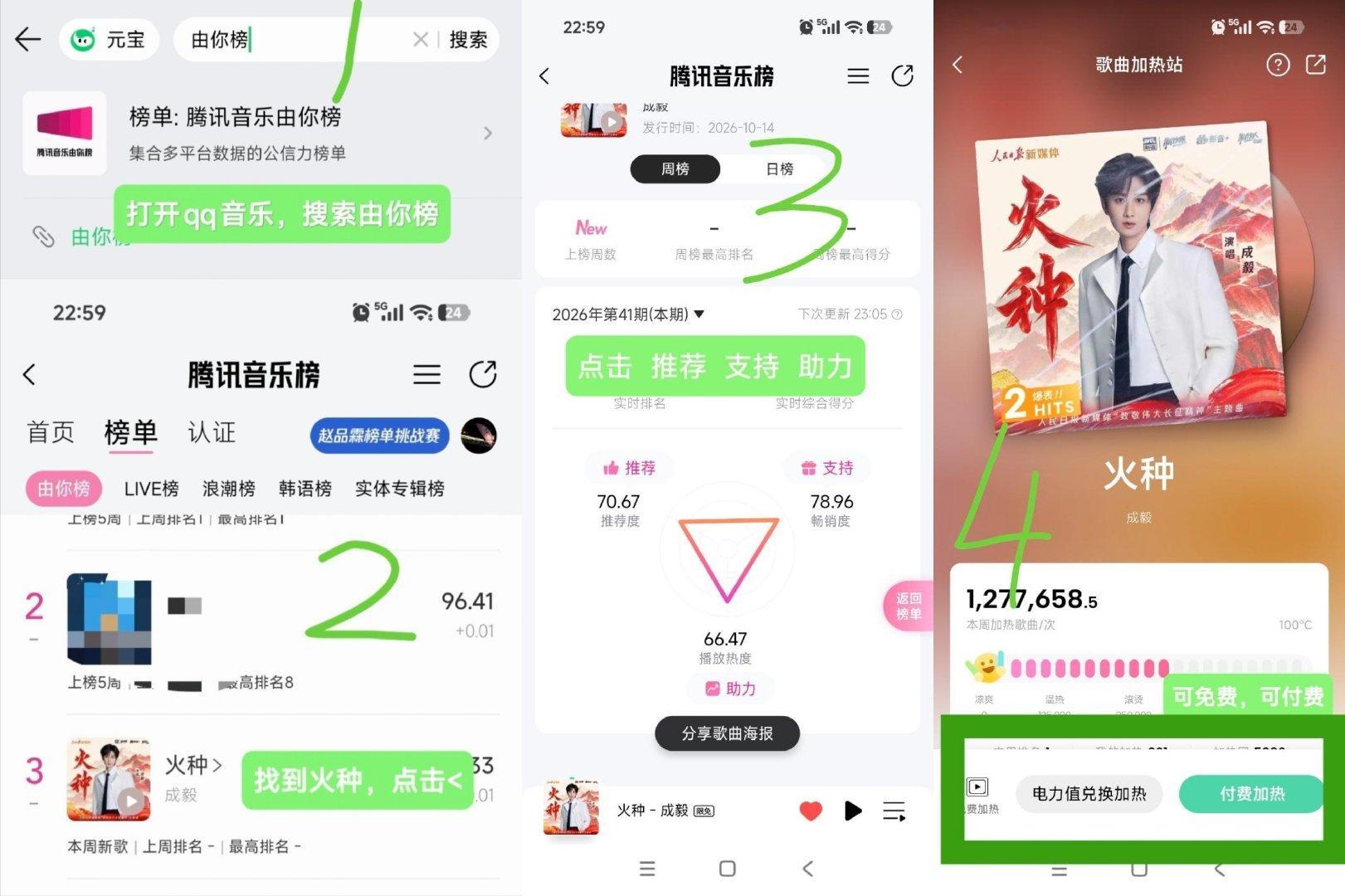 成毅《火种》打榜教程，打开QQ音乐搜索由你榜，找到火种四连走起，一起冲🔥 ​