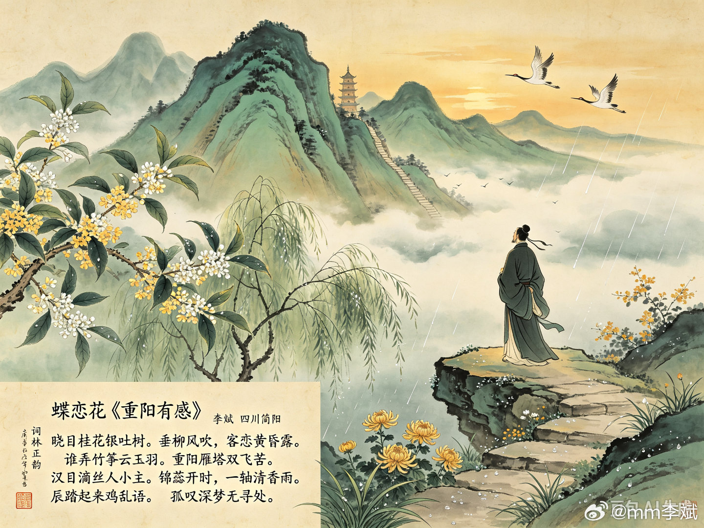 蝶恋花《重阳有感》词林正韵
李斌   四川简阳

晓目桂花银吐树。垂柳风吹，客恋黄昏露。
谁弄竹筝云玉羽。重阳雁塔双飞苦。

汉目滴丝人小主。锦蕊开时，一轴清香雨。辰踏起来鸡乱语。孤叹深梦无寻处。

蝶恋花·重阳有感：秋声里的家国与孤怀

李斌之《蝶恋花·重阳有感》，以词林正韵为骨，以秋日意象 ​