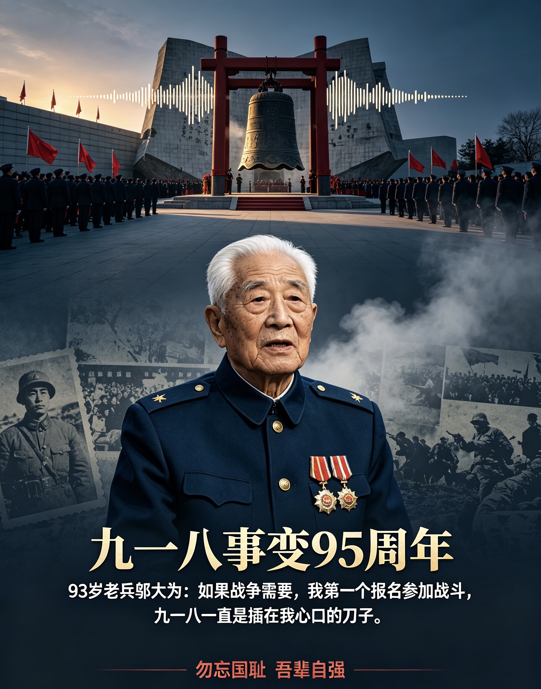 九一八95周年！93岁抗美援朝老兵一句誓言刷屏全网
    今天是九一八事变95周年，沈阳举行撞钟鸣警仪式，警示国人勿忘国耻。93岁抗美援朝老兵邬大为在现场受访，一番话打动无数网友。
    老人声音颤抖地说道：“九一八一直是插在我心口的刀子，我