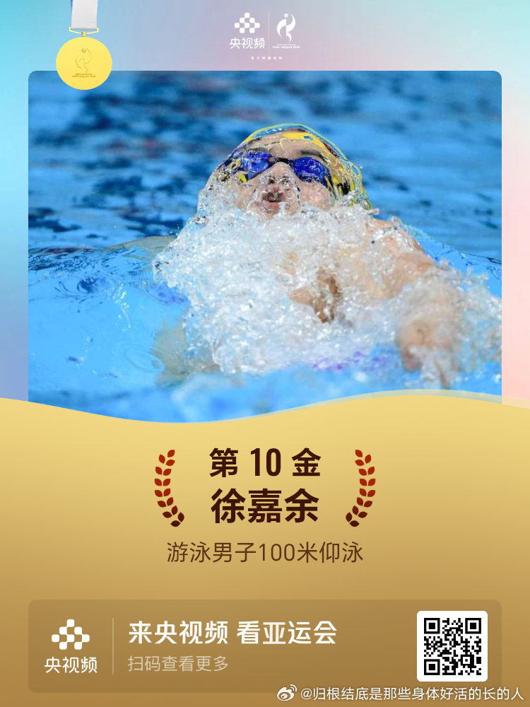 名古屋亚运会第10金游泳男子100米仰泳徐嘉余 ​